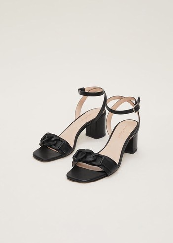 Phase Eight Black Leather Open Toe Block Heels Black Canada | SZUAKO-263